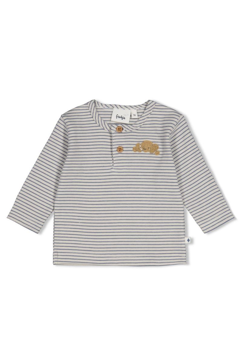 Feetje Longsleeve Rib Streep Breakfast Buddy, blauw gestreept babyshirt van ribstof